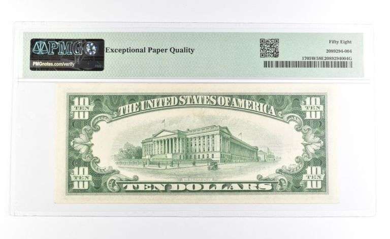 PMG 58 Choice AU EPQ 1934 D $10 Silver Certificate Blue Seal Fr#1705W