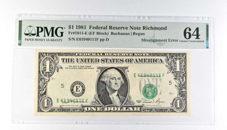PMG 64 Choice Unc $1 1981 FRN Richmond Fr#1911-E Misalignment Error