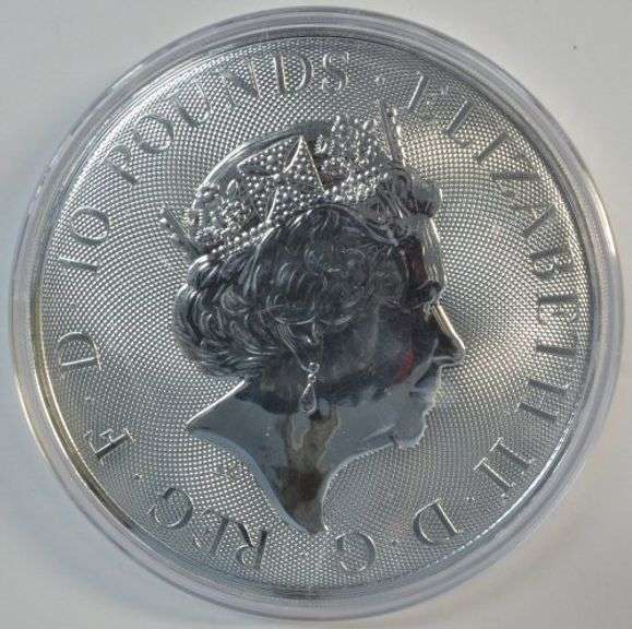 Superb Gem BU 2023 British 10 Pounds (10 Oz) pure .999 Silver coin in capsule