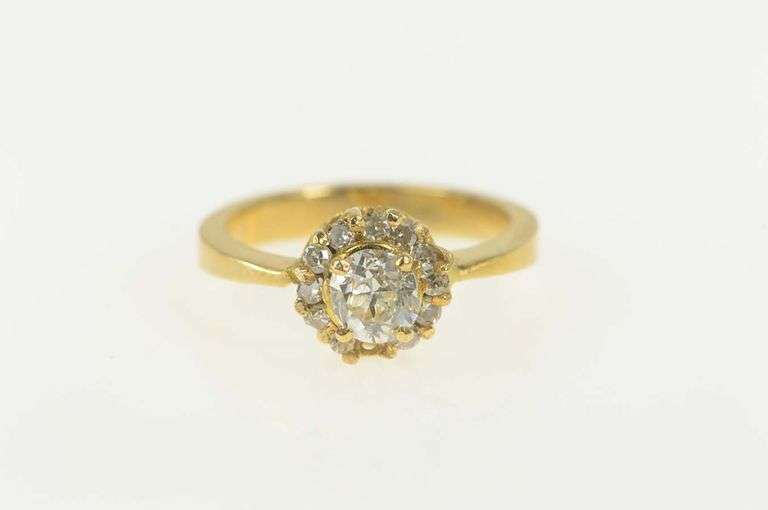 18K Yellow Gold 0.60 Ctw Old Mine Cut Diamond Halo Engagement Ring