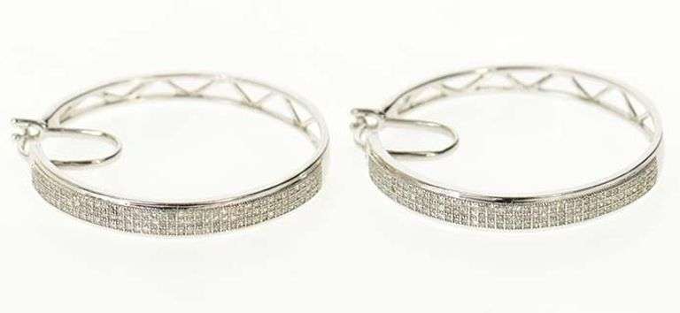 10K White Gold Pave Diamond Encrusted Squared Hoop Earrings