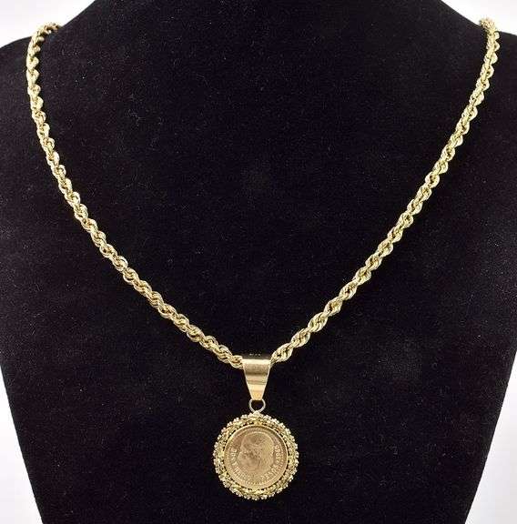 Charming 14K Yellow Gold 1945 Dos Y Medio Pesos Coin Pendant Necklace