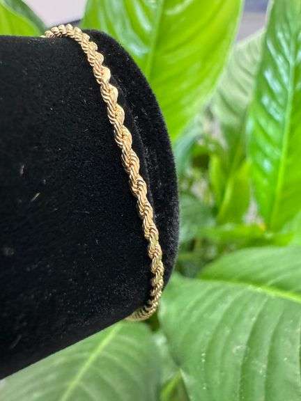 10k Yellow Gold-Hollow Diamond-Cut Rope Link Chain 1.9mm Bracelet 8"