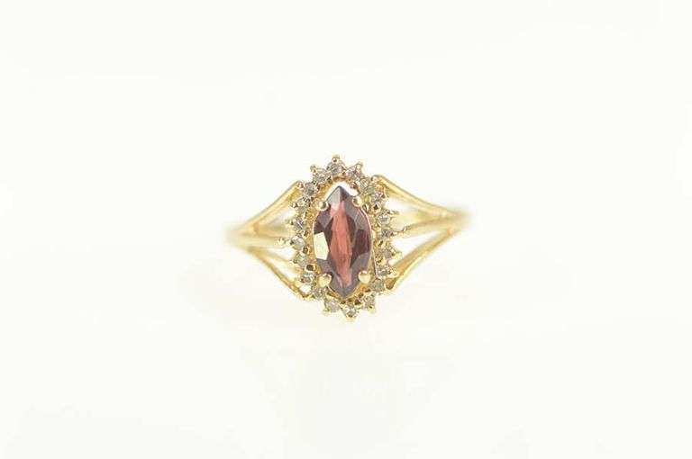 14K Yellow Gold Marquise Garnet Diamond Halo Engagement Ring