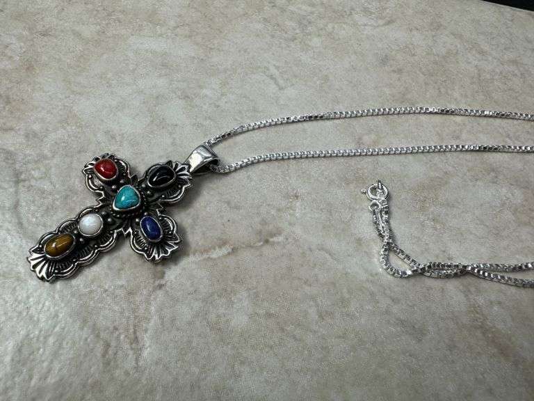 Sterling Silver Polished Black Agate Turquoise Abalone Pendant Cross Charm 925