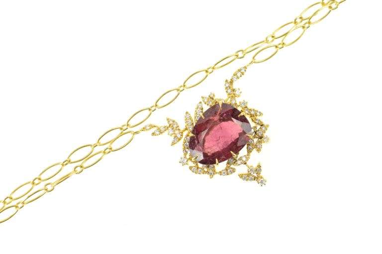 14K Yellow Gold 7.90 Ctw Pink Tourmaline Diamond Floral Chain Necklace