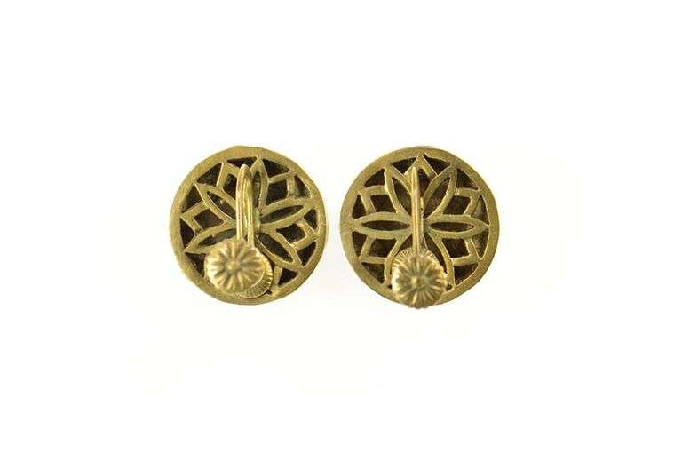 14K Yellow Gold Ornate Diamond Star Enamel Screw Back Earrings
