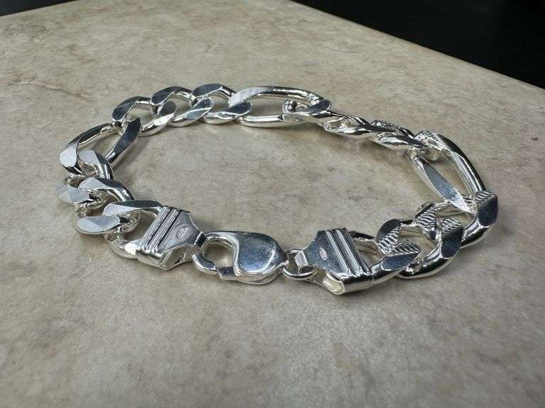 Men's 13.5mm .925 Sterling Silver Heavy Pave Figaro Chain Cuban Link Italy Bracelet 9"
