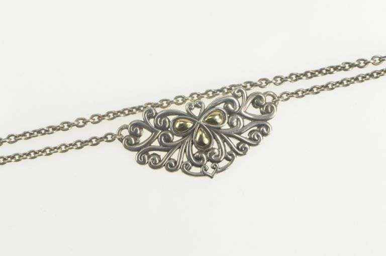 Sterling Silver Ornate Two Tone Scroll Heart Love Symbol Necklace