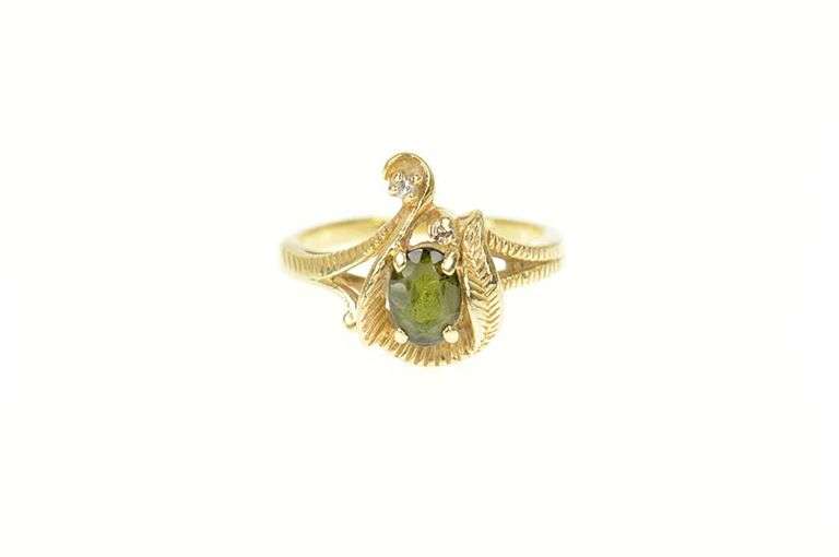 14K Yellow Gold Green Tourmaline Diamond Accent Leaf Ring