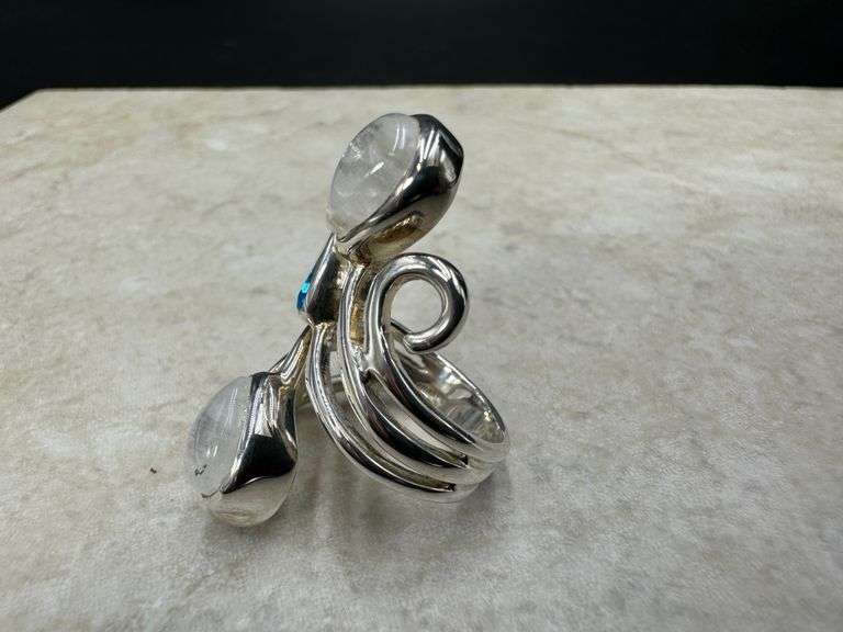 Sterling Silver Natural Gemstone Blue Topaz and Moonstone Ring Size 6