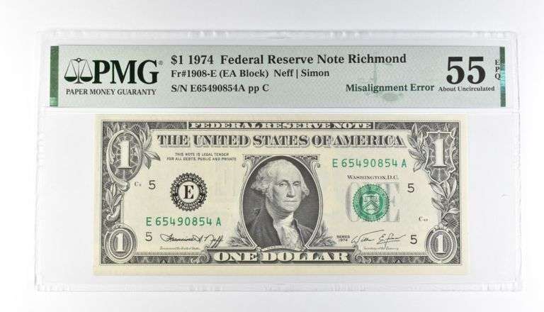 PMG 55 AU EPQ $1 1974 FRN Richmond Fr#1908-E Misalignment Error