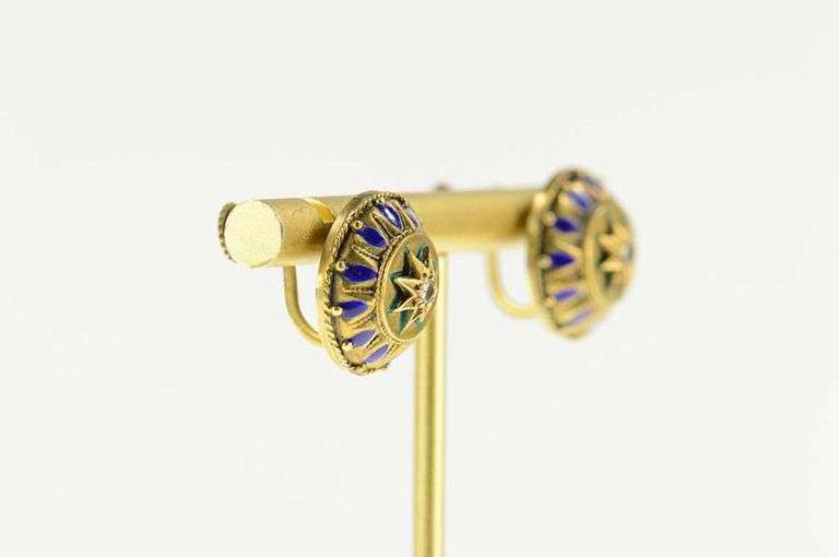 14K Yellow Gold Ornate Diamond Star Enamel Screw Back Earrings