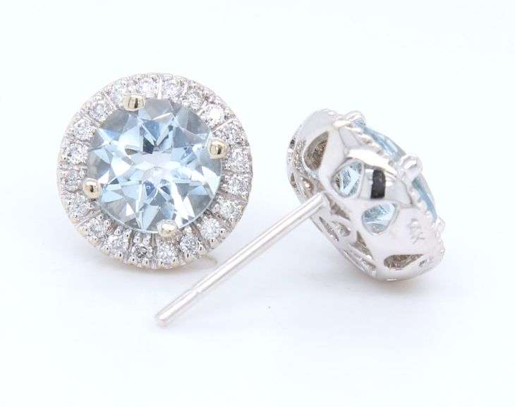 14kt White gold 2.50ctw aquamarine and diamond halo earrings