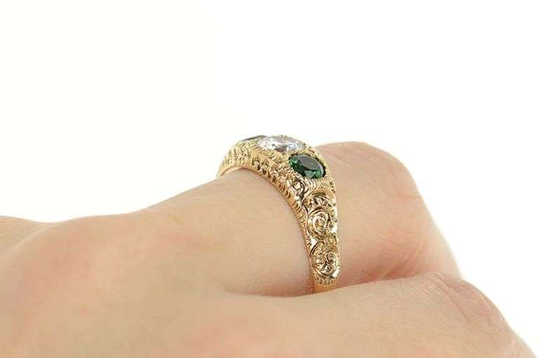 14K Yellow Gold Elaborate Scroll Syn. Emerald Cubic Zirconia Ring