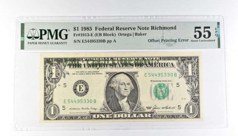 PMG 55 AU EPQ $1 1985 FRN Richmond Fr#1913-E Offset Printing Error
