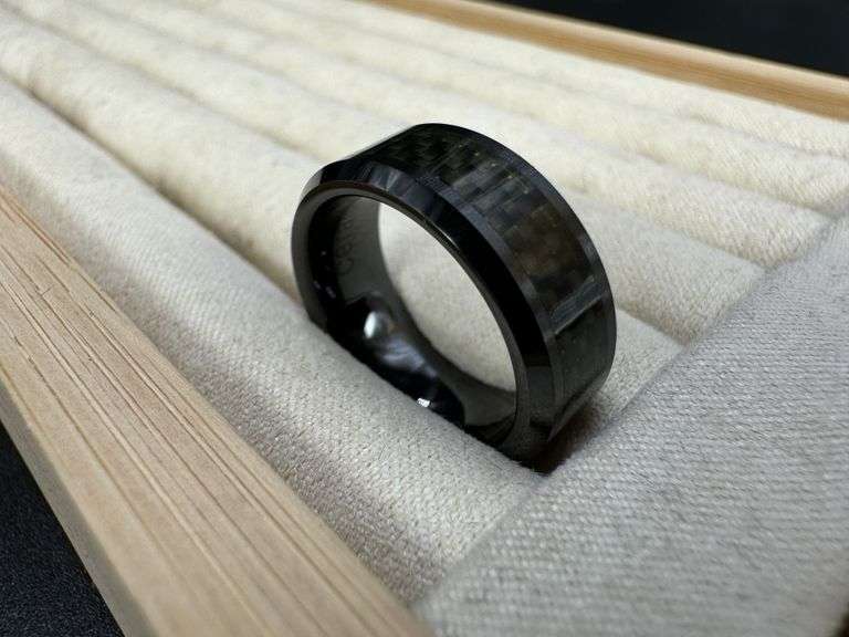 Men's Ceramic Black Carbon Fiber Inlay Wedding Band Comfort Fit Ring Size 7