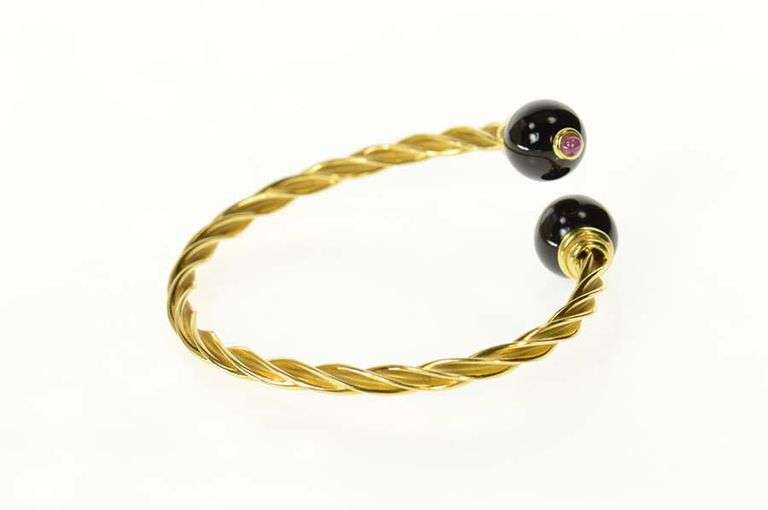 18K Yellow Gold Retro Black Onyx Ruby Twist Bangle Bracelet