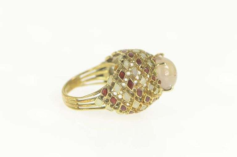 14K Yellow Gold Rose Quartz Opal Enamel Domed Cocktail Ring
