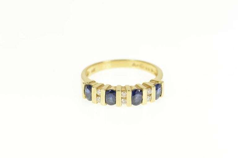 14K Yellow Gold Oval Sapphire Diamond Accent Wedding Band Ring