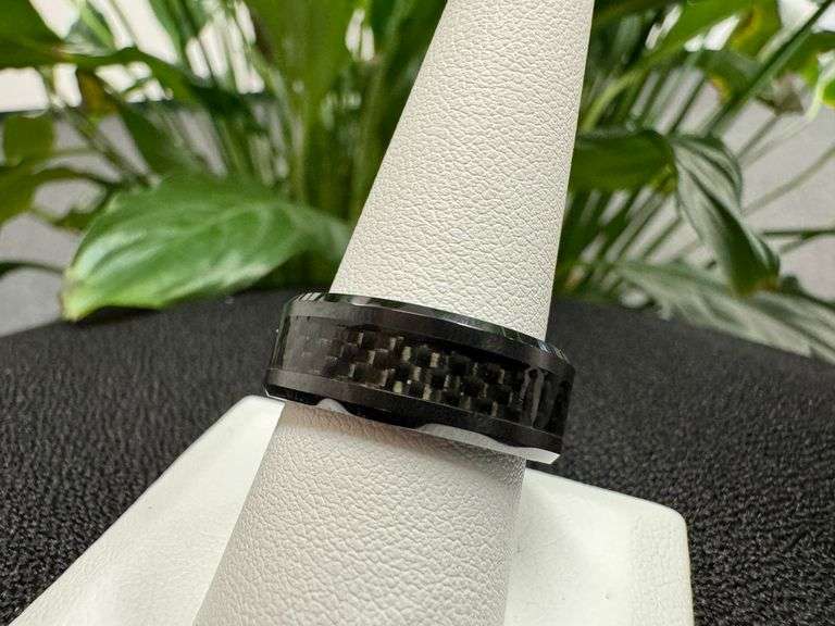 Men's Ceramic Black Carbon Fiber Inlay Wedding Band Comfort Fit Ring Size 9