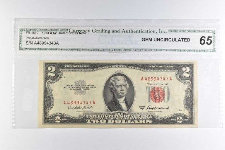 CGAI Gem Unc 65 $2 1953-A United States Note Red Seal FR-1510