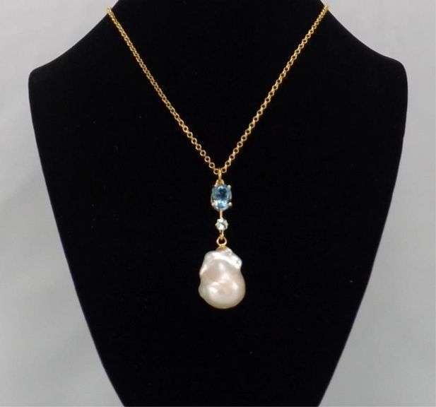 Natural Salt Water Baroke Pearl Blue Topaz Necklace