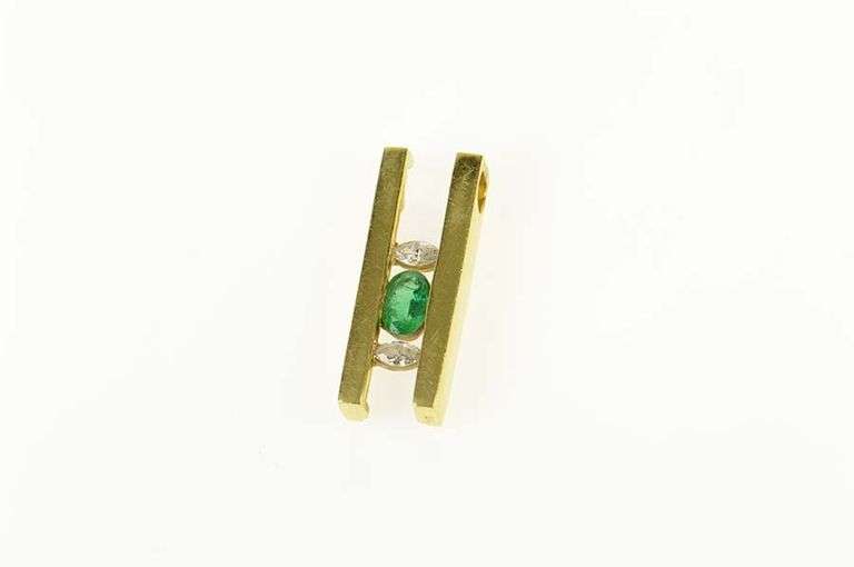 18K Yellow Gold Oval Emerald Marquise Diamond Squared Pendant