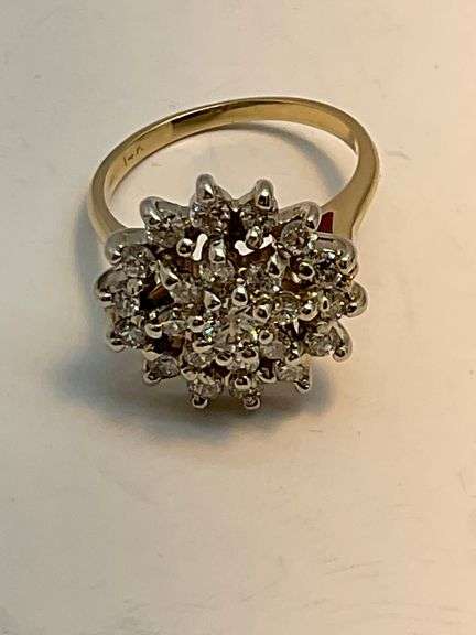 CERTIFIED 14K GOLD AND DIAMOND CLUSTER RING. 1.25 CARAT