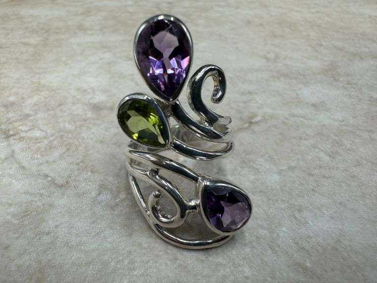 Sterling Silver Natural Gemstone Peridot and Amethyst Ring Size 9