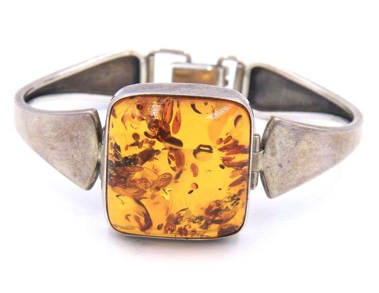 Vintage 925 sterling silver Amber cuff bangle