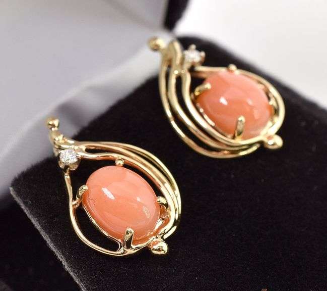 Interesting 14K Yellow Gold Peach Stone and Diamond Stud Earrings