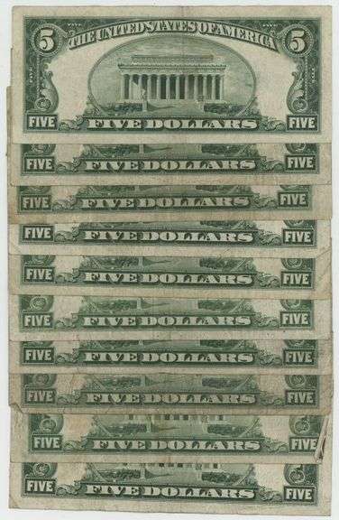 Ten (10) Series of 1934 $5 Blue Seal Silver Certificates in circ