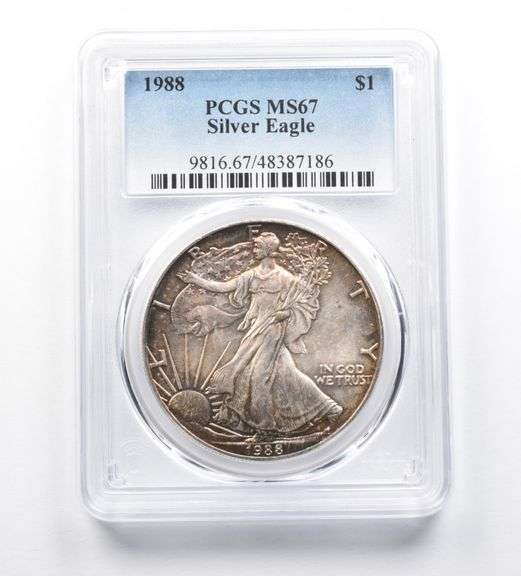 MS67 1988 American Silver Eagle PCGS Beautiful Toned Red/Blue Shadows