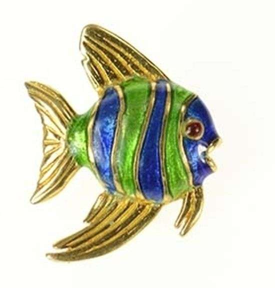 18K Yellow Gold Blue Green Enamel Garnet Eyed Fish Lapel Pin/Brooch