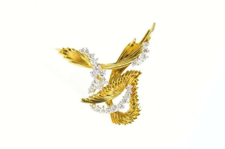 18K Yellow Gold 2.70 Ctw Diamond Ornate Designer Statement Pin/Brooch