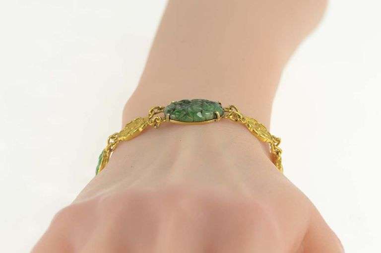 24K Yellow Gold Ornate Carved Chinese Jade Flower Bracelet