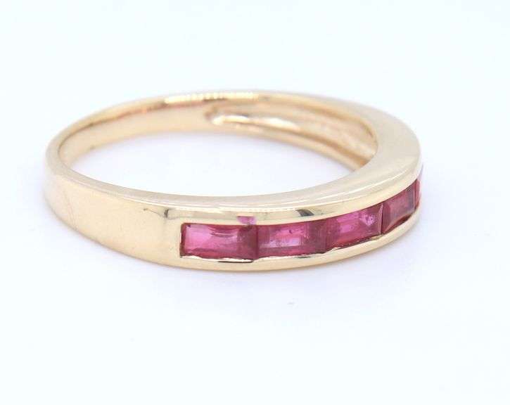 14kt Yellow gold baguette ruby band