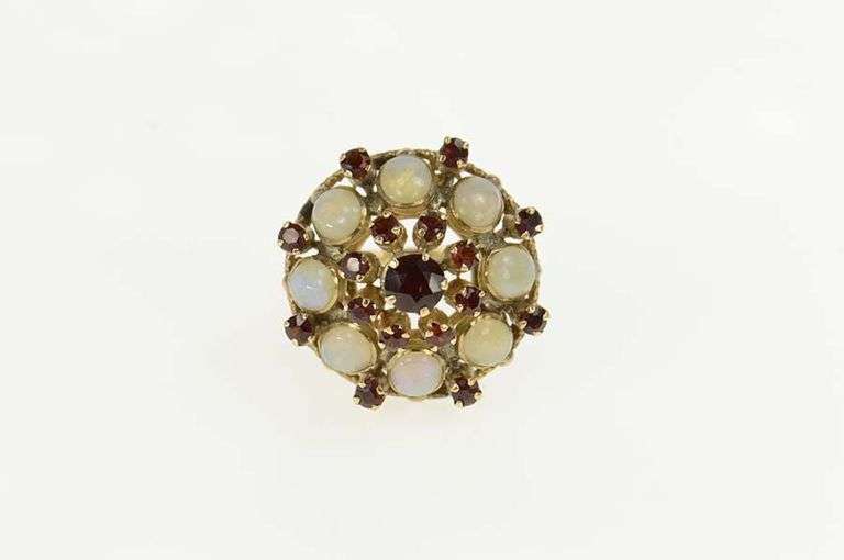 14K Yellow Gold 1960's Garnet Opal Ornate Domed Cocktail Ring
