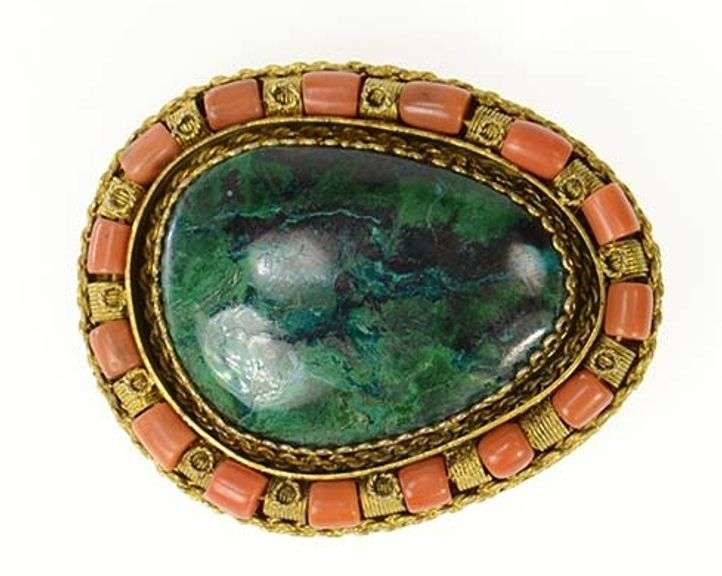 Sterling Silver Ornate Green Eilat Coral Oval Statement Pendant/Pin