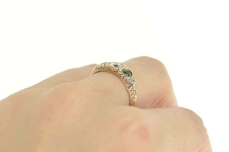 14K Yellow Gold Elaborate Scroll Syn. Emerald Cubic Zirconia Ring