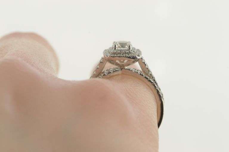 14K White Gold 0.79 Ctw Diamond Halo Cathedral Engagement Ring