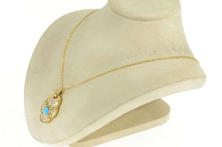 18K Yellow Gold Pave CZ Ornate Turquoise Scalloped Statement Pendant