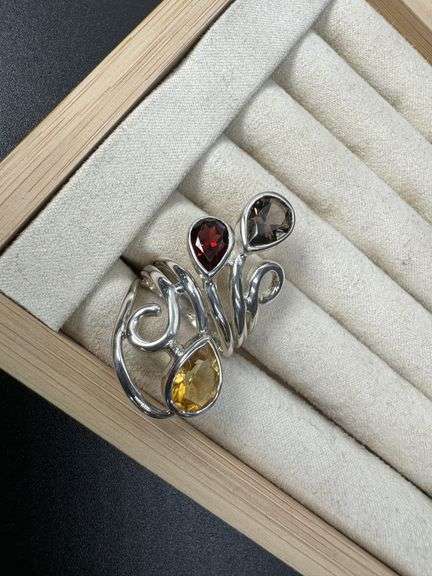 Sterling Silver Natural Gemstone Garnet and Citrine Ring Size 6
