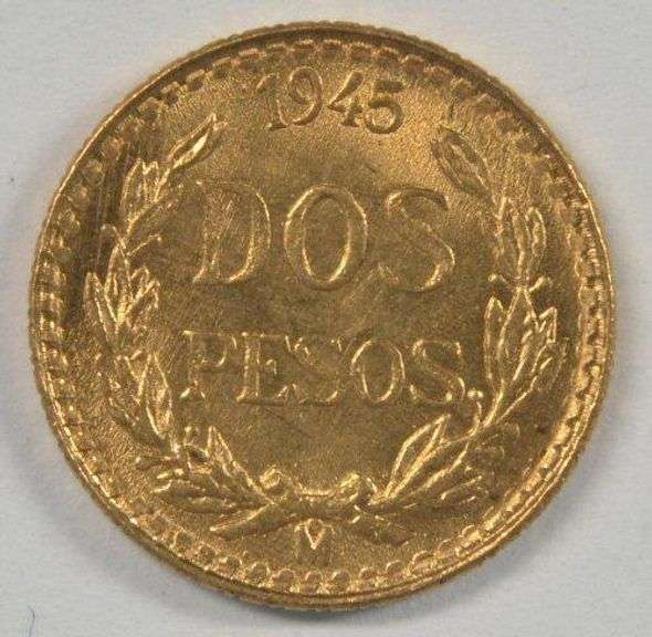 Superb Gem BU Mexican 2 Pesos Gold Piece from 1945.