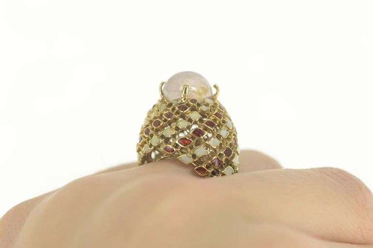 14K Yellow Gold Rose Quartz Opal Enamel Domed Cocktail Ring