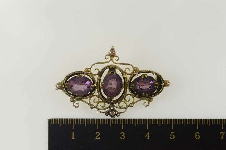 Gold Filled Victorian Sim. Amethyst Ornate Scroll Filigree Pin/Brooch
