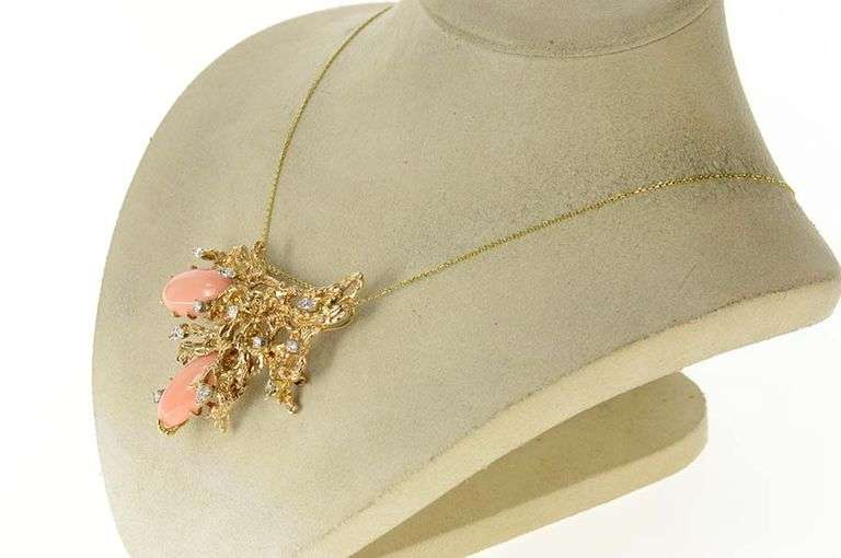 14K Yellow Gold 1960's Coral Diamond Floral Statement Pendant/Pin
