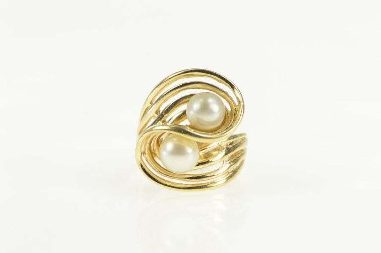 14K Yellow Gold 6.8mm Retro Pearl Wavy Curvy Bypass Cocktail Ring