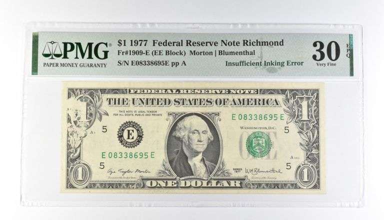 PMG 30 VF EPQ $1 1977 FRN Richmond Fr#1909-E Insufficient Inking Error